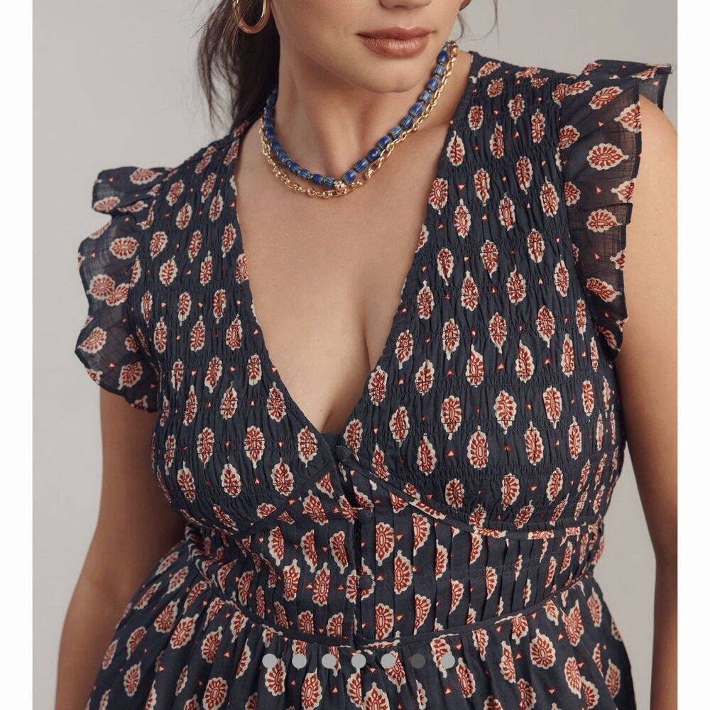 Anthropologie The Peregrine Mini Dress Smock Bodice Mini Dress Navy Womens 1X - Picture 2 of 8